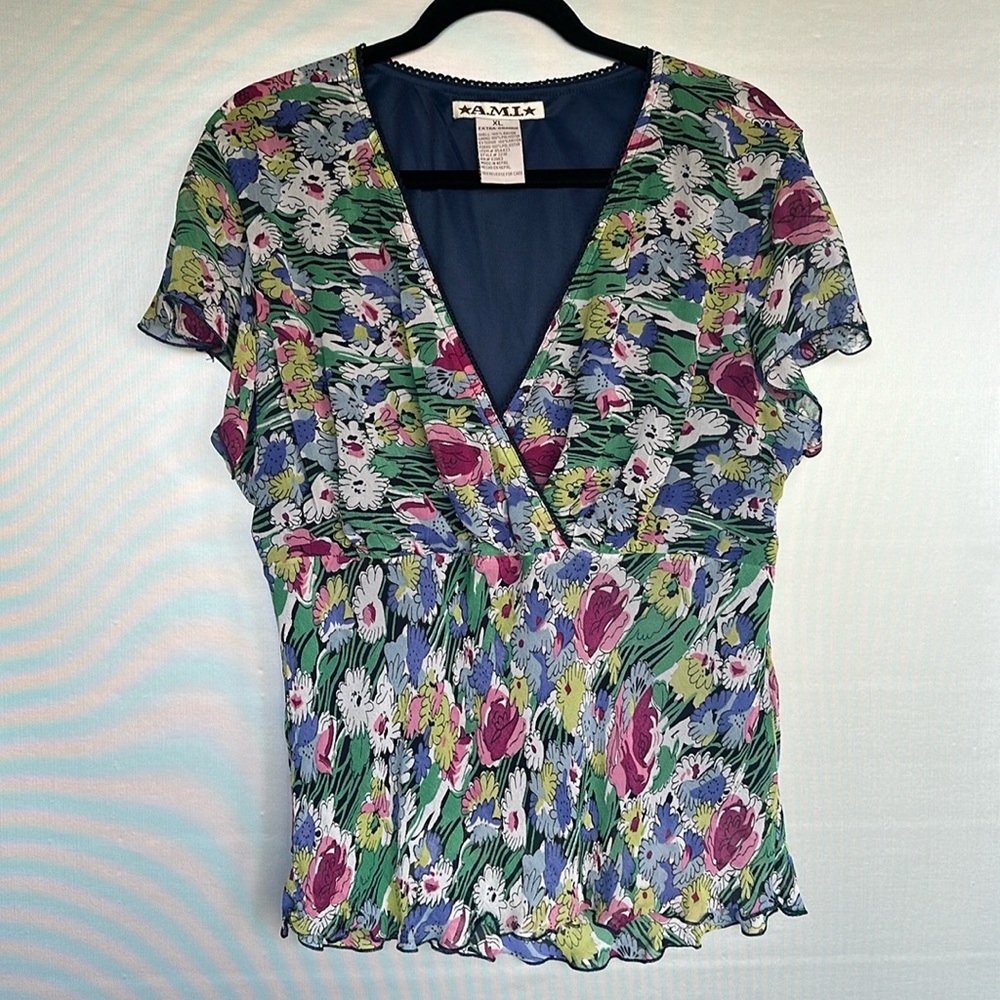 AML Y2K vintage multi-color floral sheer rayon blouse v-neck Sz XL short sleeves